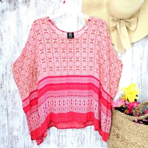Bobeau Women's Blouse Size Medium Pink White Orange Flowy Beachy Vacation Relax - Picture 1 of 14